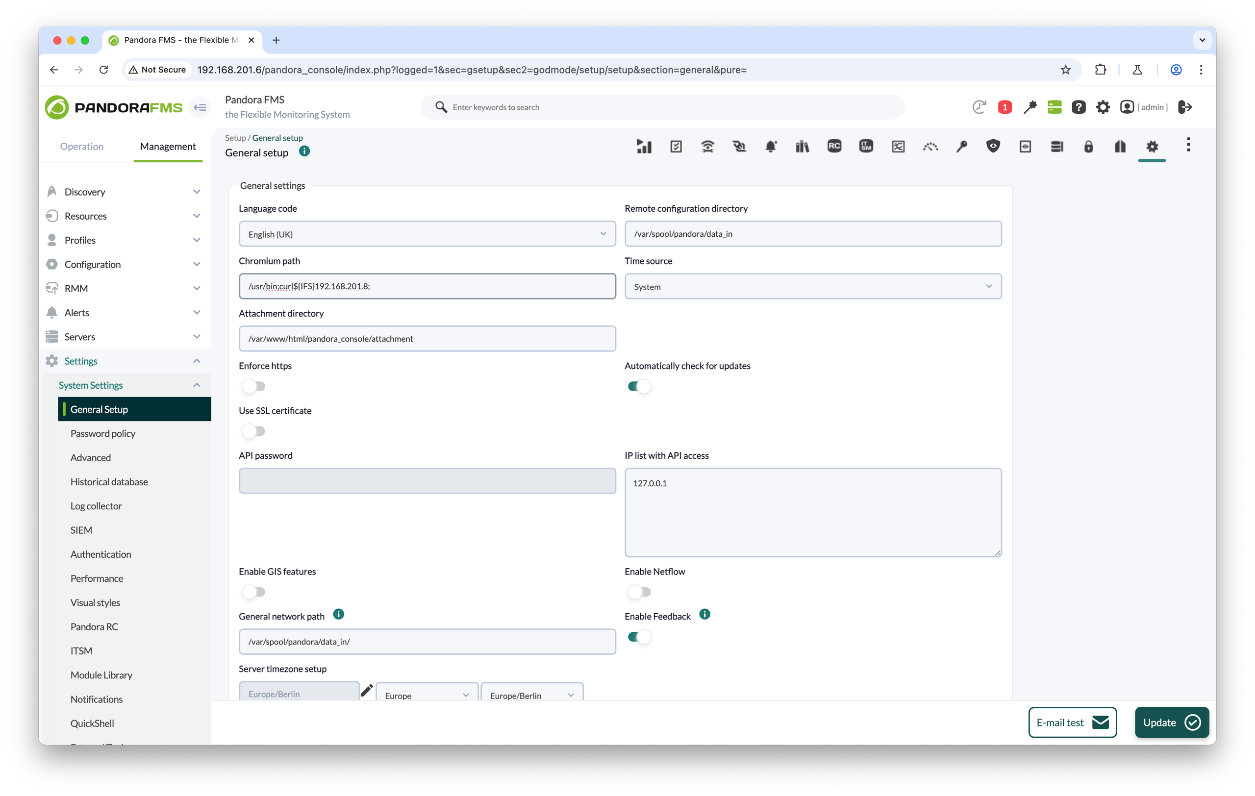 Pandora FMS Chromium path command injection