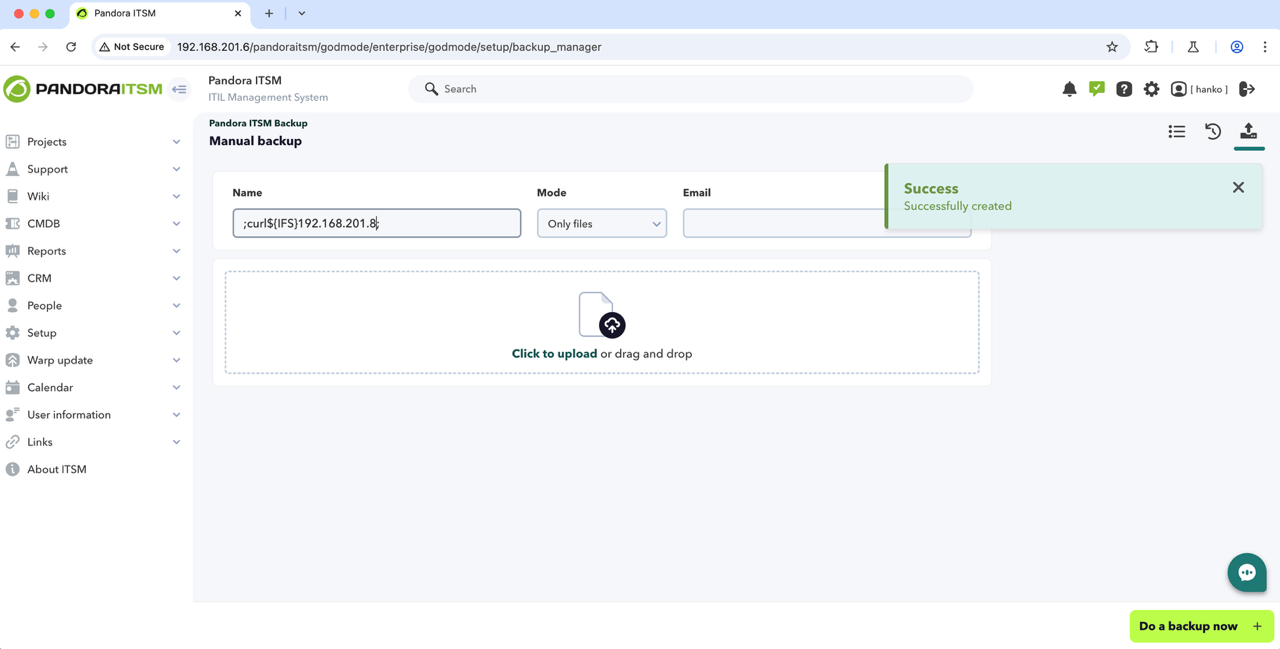Pandora ITSM backup-name command injection