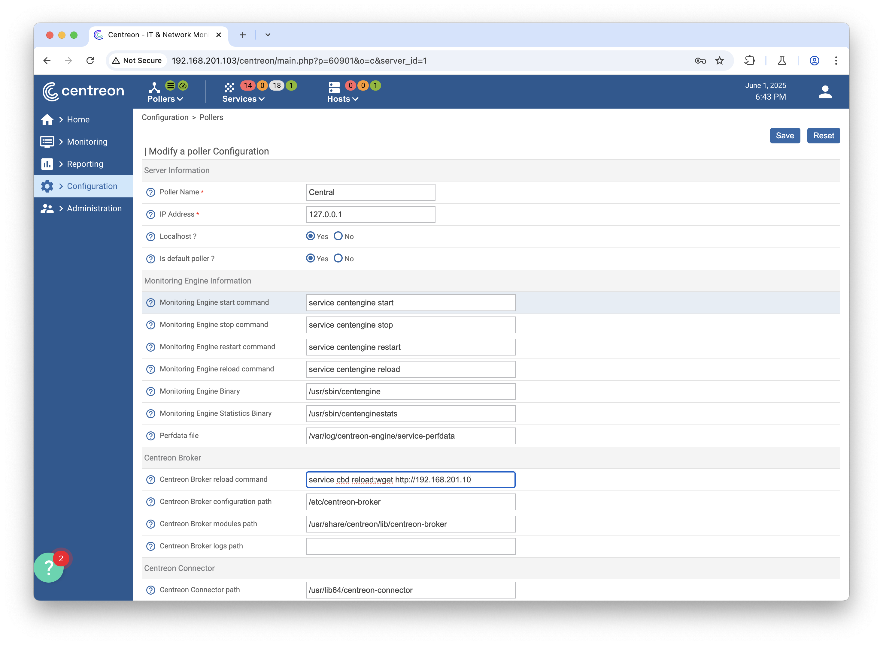 Centreon broker reload command configuration